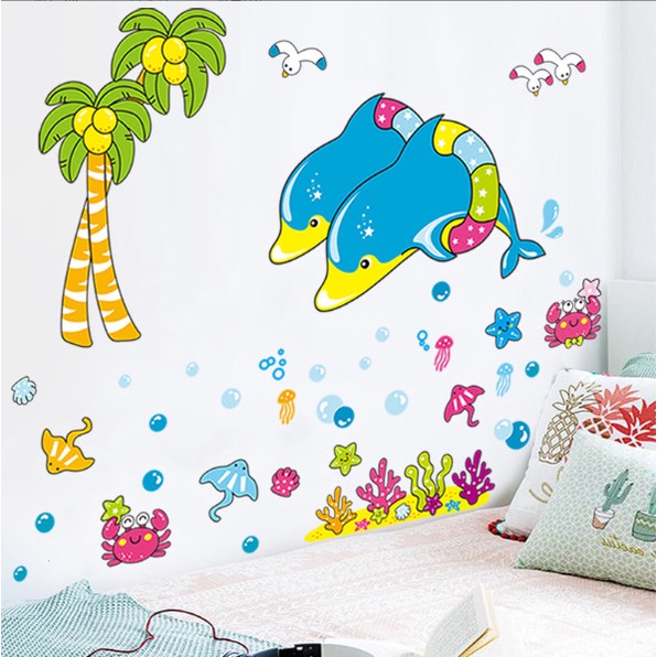 Decal trang trí tường - Cá heo xanh và những người bạn dưới đại dương