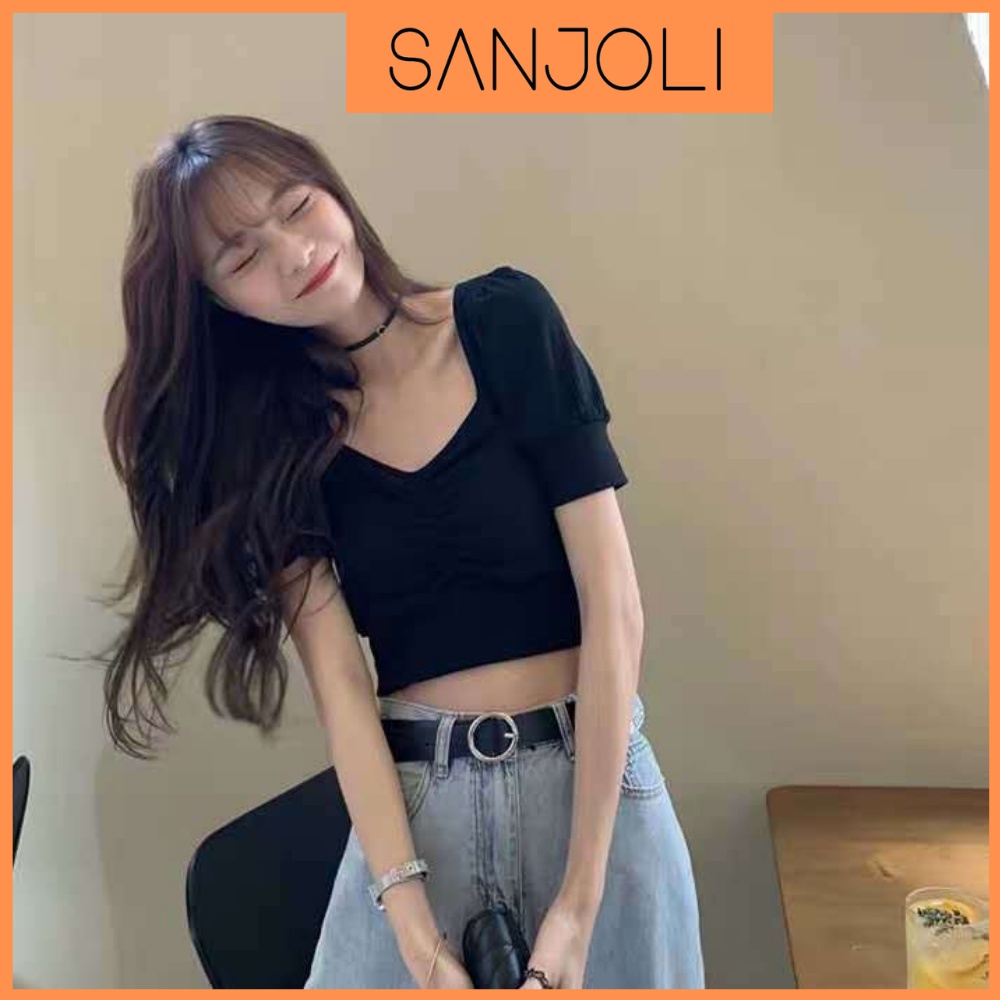 Áo Croptop Kiểu SANJOLI Áo Croptop Nữ Cổ V Cúp Ngực Chất Len Tăm Tay Ngắn Kiểu Ulzzang Màu Đỏ AO012