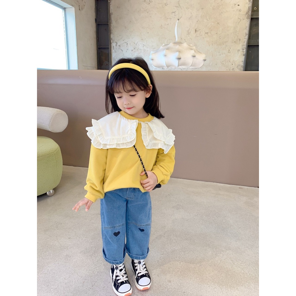 Bộ quần áo vintage bé gái, set áo vàng da cá cổ bèo quần xuông thêu tim cho bé size 12-30kg