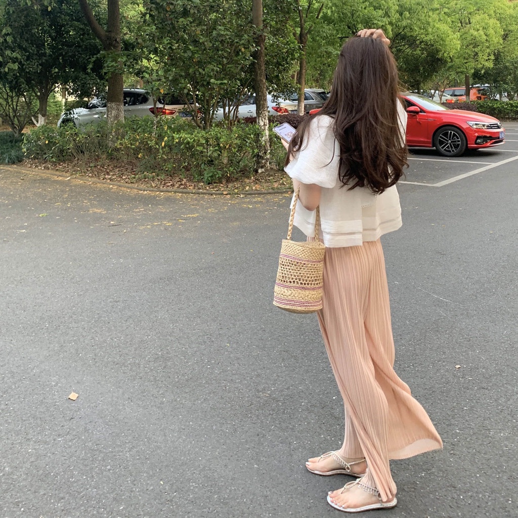 Jiashucheng Bộ Áo Sơ Mi Búp Bê + Quần Ống Rộng Lưng Cao Phong Cách Hàn Quốc Thời Trang Mùa Hè Hàng Mới