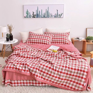 Bộ Chăn Ga Gối Cotton Đũi Kẻ Muji - Chăn Hè Chần Bông Mỏng Kích Thước 2mx2m3 Full Set 4 Món