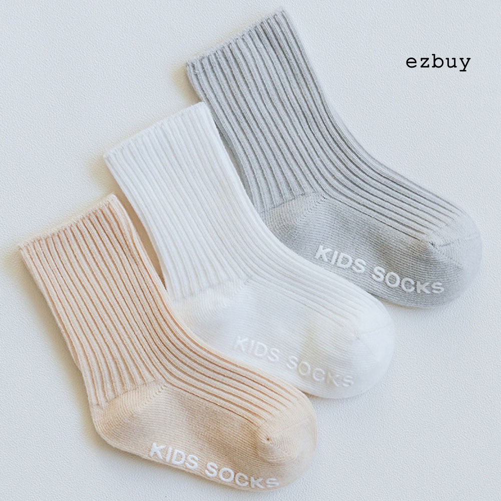 Bộ 3 Đôi Tất Bằng Cotton Màu Trơn Thoáng Khí Chống Trượt Cho Bé