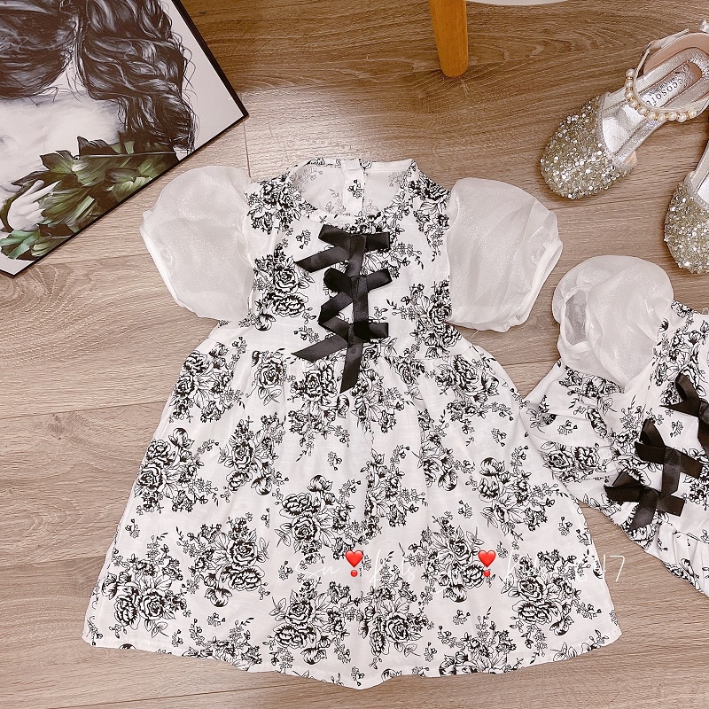 Váy đầm đính nơ tay bồng công chúa cho bé gái 8-20kg