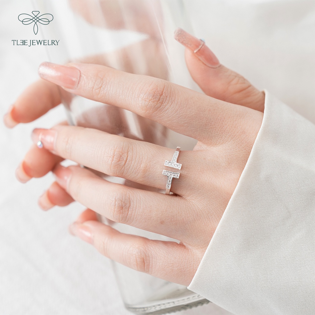 Nhẫn bạc nữ TLEE chữ T nạm đá dáng hở cá tính NCJ A0181