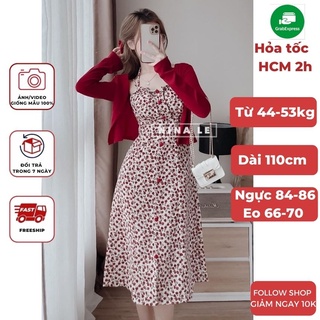 Set váy nữ VAYO Đầm 2 dây nữ hoa nhí dáng dài xòe đỏ và áo khoác cardigan croptop dài tay vải len mềm mịn đẹp thời trang