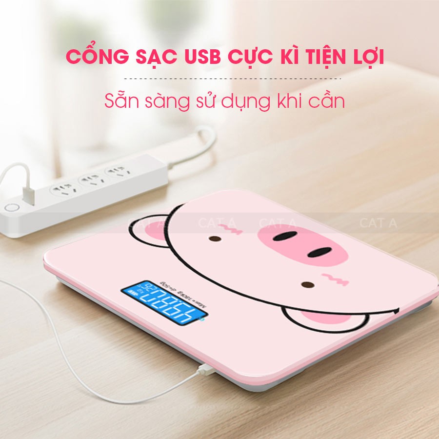 Cân điện tử cân sức khỏe sạc USB mặt kính cường lực tích hợp chức năng đo nhiệt độ tặng kèm thước dây và sạc USB！