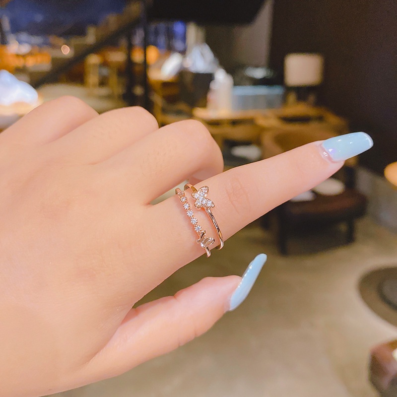 Nhẫn Thép Titan Mạ Vàng Hồng/Bạc Hình Bướm Đính Đá Zircon 3 Màu Thời Trang Có Thể Điều Chỉnh Cho Nữ