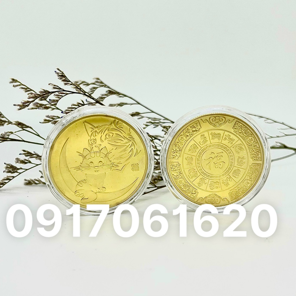Móc Khóa Đồng Xu Khắc Hình Con Mèo - Mão Chất Liệu Niken Mạ Vàng Phong Thủy May Mắn - Lì Xì Tết 2023