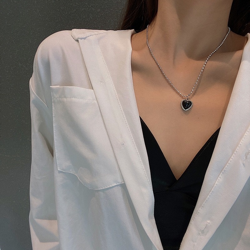 Dây chuyền mặt hình trái tim màu đen bạc phong cách hàn quốc cổ điển cho nữ