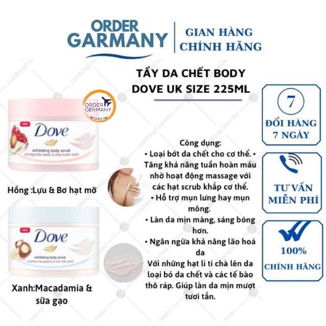 Kem Tẩy Tế Bào Chết ,Tẩy Da Chết Dove Lựu Đỏ Và Macadamia Bản Đức 225ml