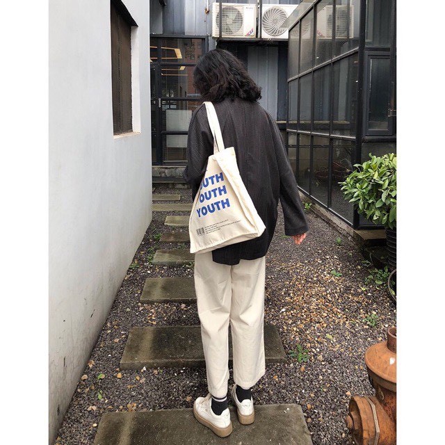 Túi Tote Túi Vải canvas Nữ Đeo Vai thiết kế đáy vuông có ngăn phụ Phong Cách Ulzzang