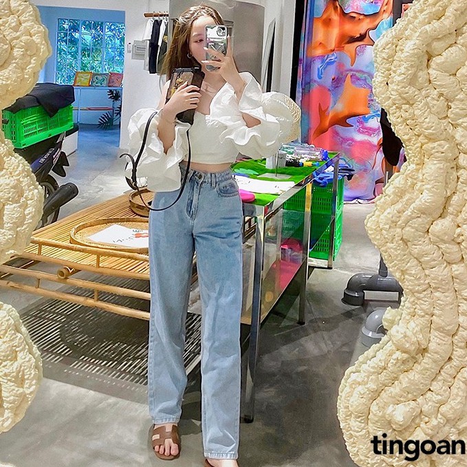 TINGOAN® - Quần cullotes bò xanh tingoan DUA LIPA JEANS/LB