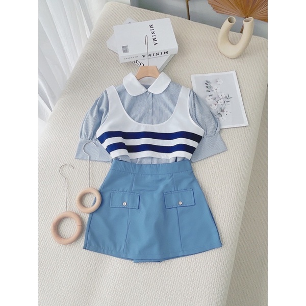 Set 3 Món Gile Kẻ Ngang Xanh