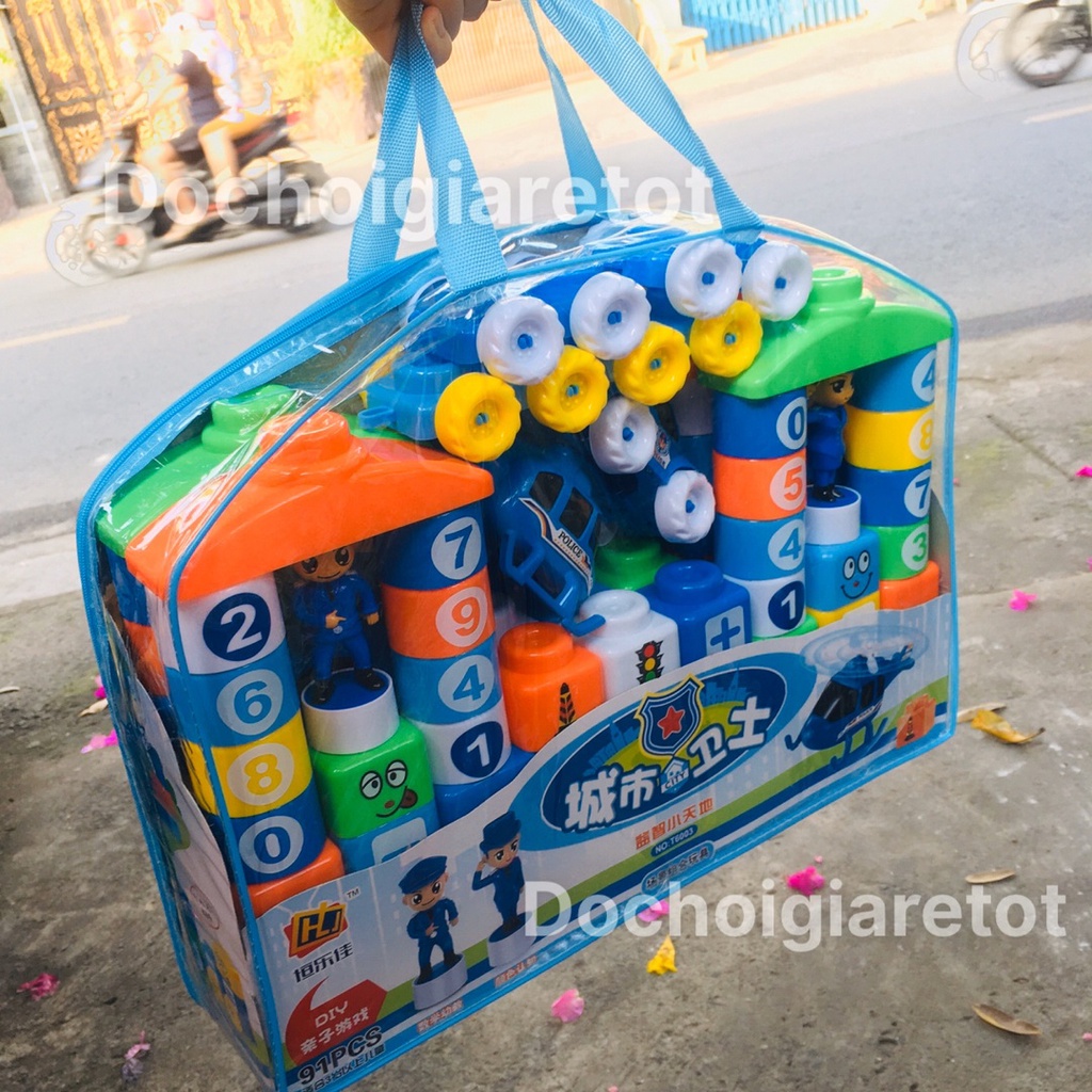 Túi xếp hình cảnh sát 91pcs, đồ chơi lắp ráp xếp hình có ô tô,máy bay cho bé sáng tạo vừa học vừa chơi