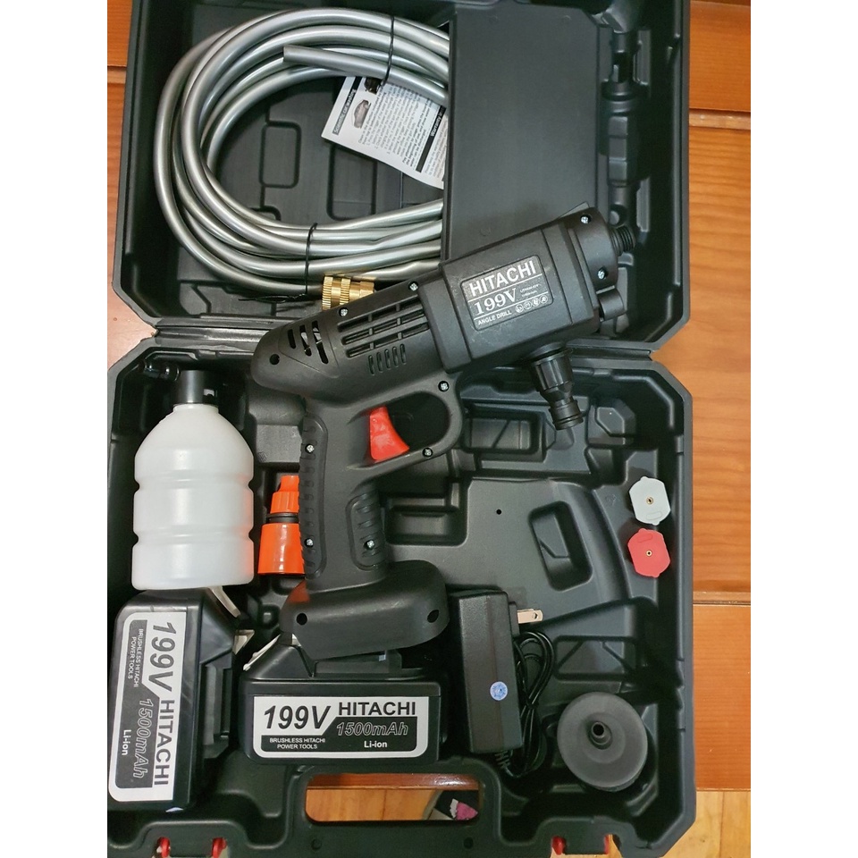 Máy xịt rửa xe, tưới cây bằng pin 199v 2 chế độ HITACHI, tặng kèm bình tạo bọt, máy khỏe,