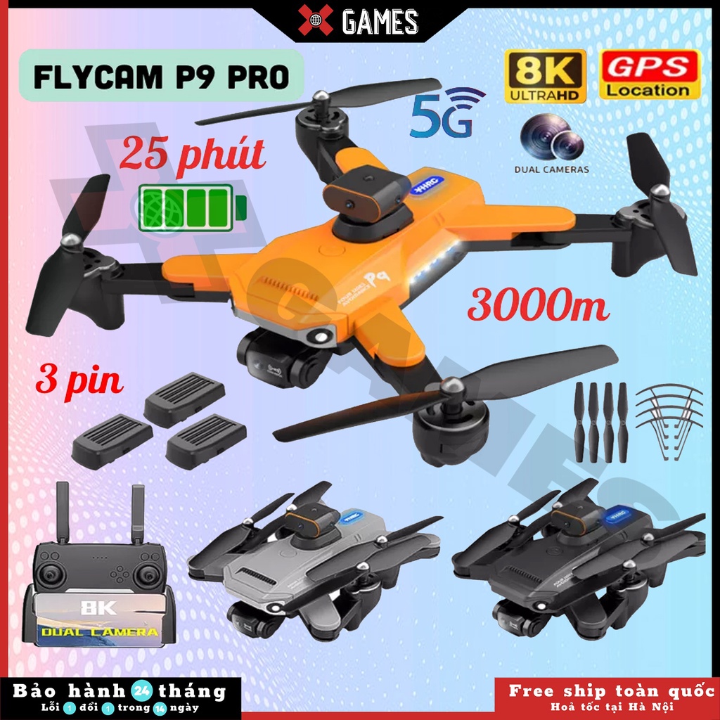 Flycam drone P9 Pro, Máy bay Fly cam giá rẻ 8K trang bị cảm biến chống va chạm 4 chiều - 2 camera Full HD, Pin 2500mah