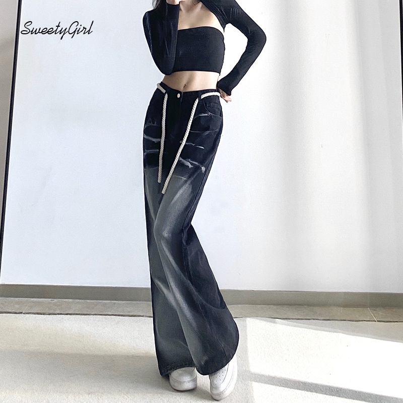 Quần Jeans Dài Ống Rộng Lưng Cao Phối Dây Rút Thời Trang Cho Nữ
