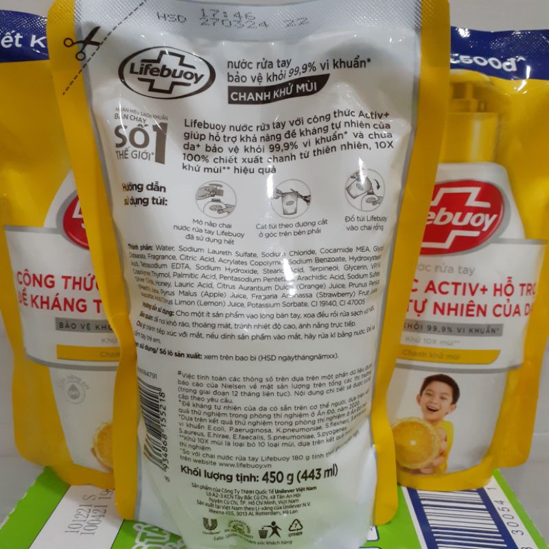 Nước rửa tay Lifebuoy Chanh khử mùi túi 450g