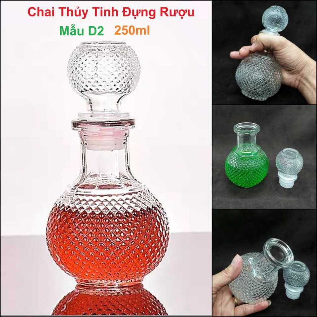 Chai Thủy Tinh Đựng Rượu 250ML mẫu bầu tròn giác kim cương nổi - Vỏ Chai Rượu Đẹp - Bình Đựng Ruou