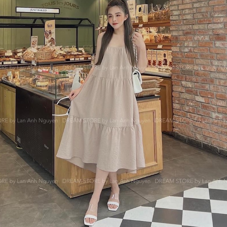 Váy 2 dây dáng dài 3 tầng, đầm phom rộng đi biển bầu bí mặc thoải mái