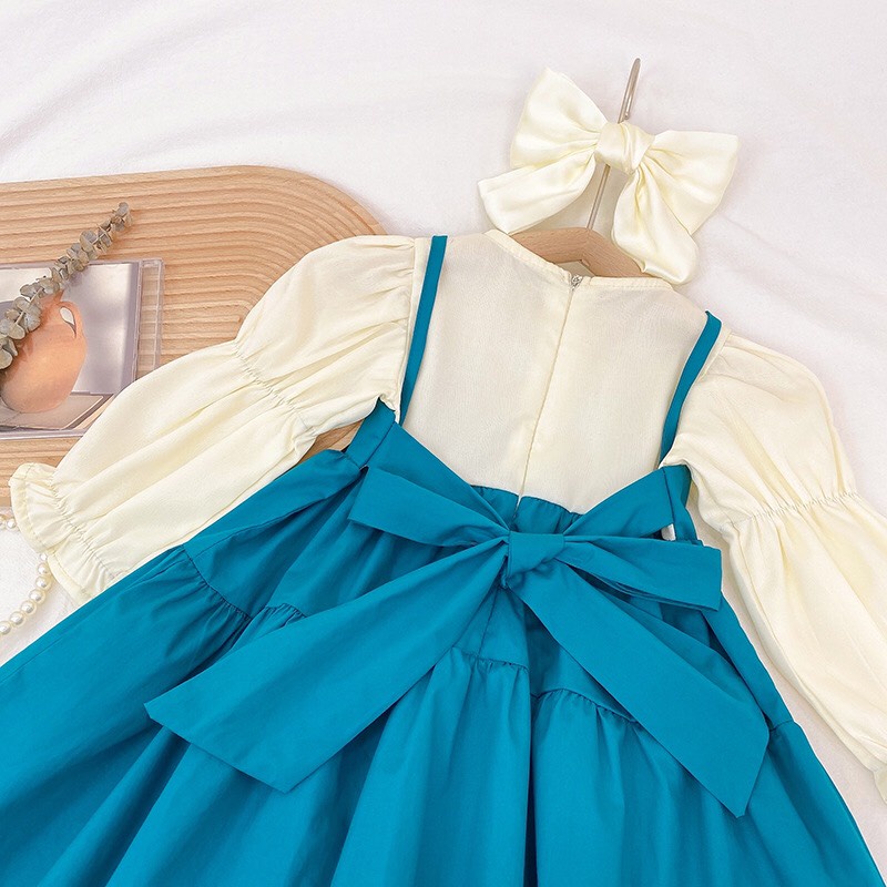 Váy bé gái 2 dây tay chun buộc nơ lưng phối 2 mầu Trắng Xanh XHN719