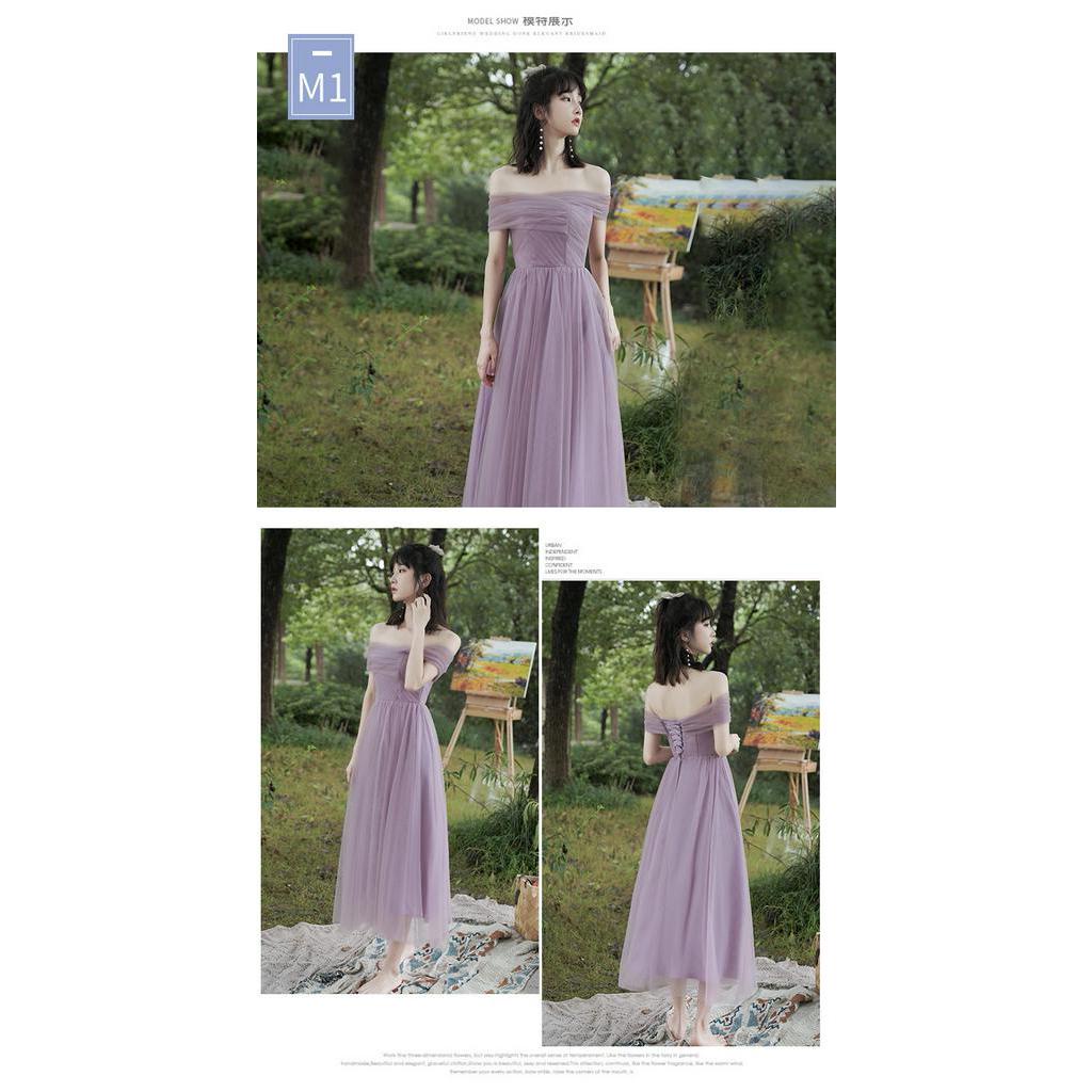 Đầm phù dâu trễ vai màu tím thời trang