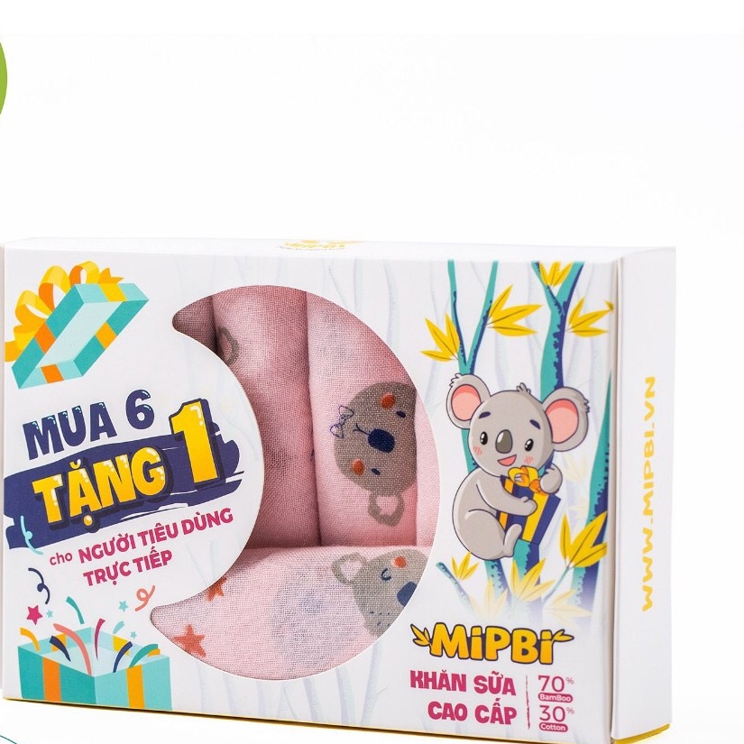 Khăn sữa cotton sợi tre mềm mại, an toàn cho bé in họa tiết kích thước 30x30 hộp 6c Mipbi