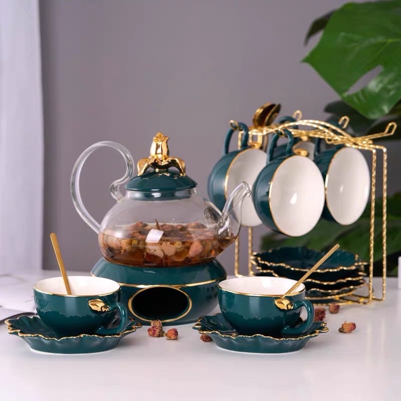 BỘ ẤM CHÉN PHA TRÀ SỨ HOA HỒNG XANH CỔ VỊT MẠ VÀNG CAO CẤP