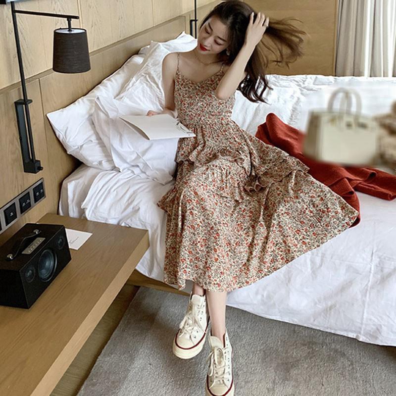 Đầm Dài Sát Nách Cổ Chữ V Hoạ Tiết Hoa Phong Cách Retro đầm hoa váy hoa nhí