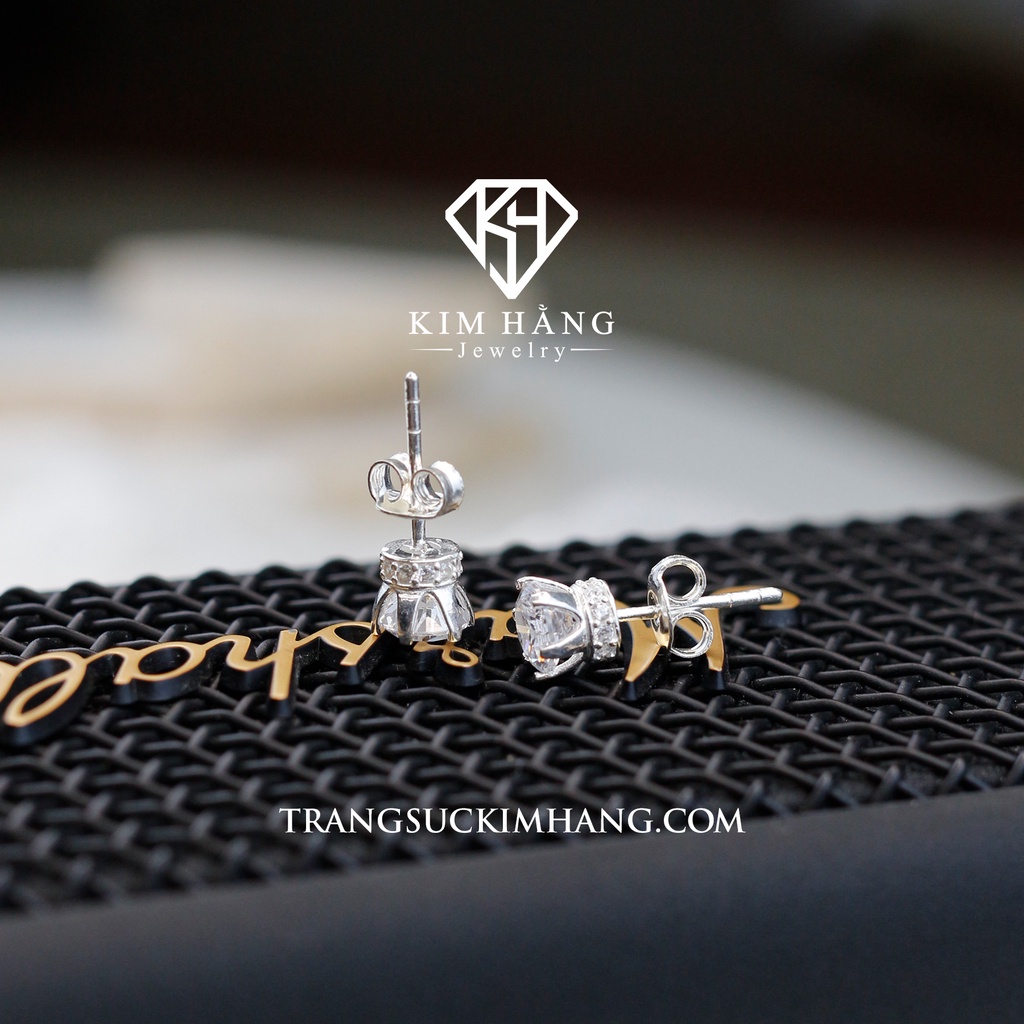 Khuyên Tai BẠC 6 Chấu Thiết Kế Viền Đá - Chốt Đẩy