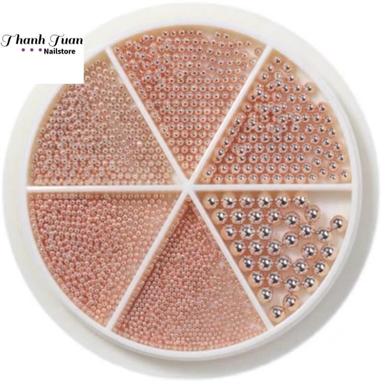 Set bi trang trí móng kim loại khay tròn 6 ngăn Mix Size  - Phụ kiện đồ nail