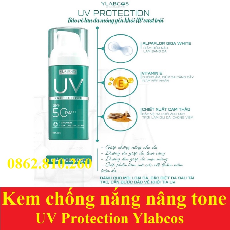 Kem chống nắng nâng tone, chống nắng đa tầng UV Protection Ylabcos dưỡng ẩm dưỡng da mờ thâm nám 60g