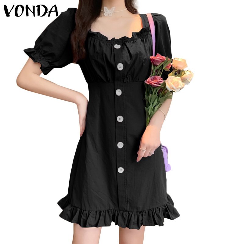 VONDA Women Korean Short Sleeve Square Collar Button Down Holiday Pleated Ruffled Mini Dresses