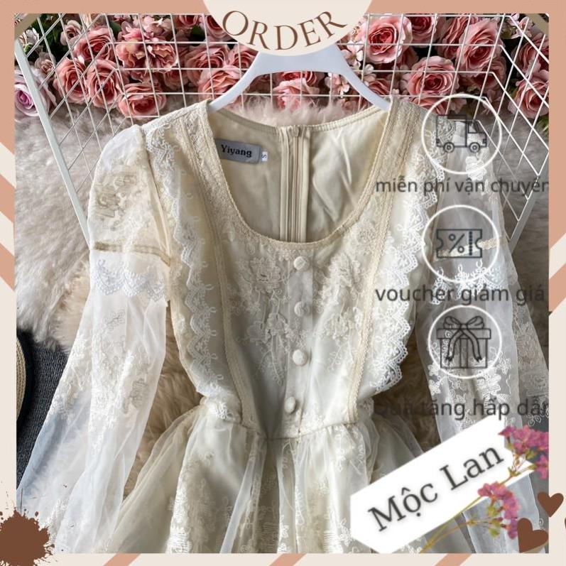 (MộcLan ORDER) Đầm cổ vuông tay dài màu be mix trắng chất voan mix ren hoa có size - hàng chuẩn | BigBuy360 - bigbuy360.vn