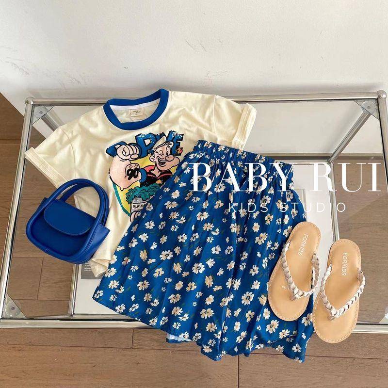 Set áo thun cotton in họa tiết hoạt hình + chân váy hoa lưng thun phong cách Hàn Quốc thời trang mùa hè cho bé
