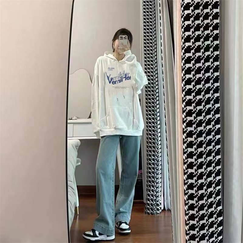 Áo hoodie ZHELIHANGFEI tay dài dáng rộng in họa tiết chữ thời trang cho nữ