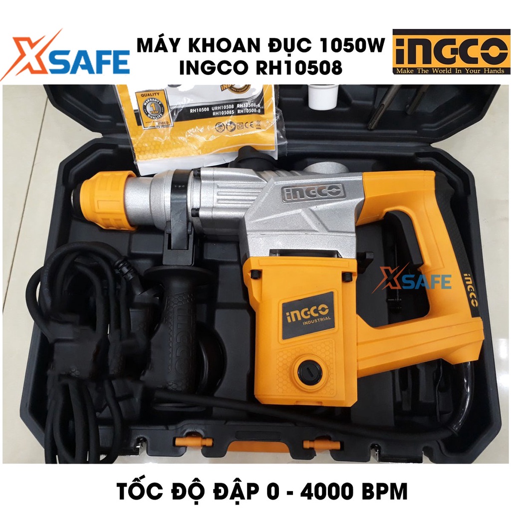 Máy khoan đục 1050W INGCO RH10508 kèm 3 mũi khoan gài, 2 mũi đục tốc độ không tải 900 vòng/phút