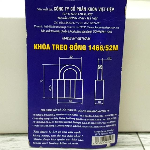 KHÓA TREO ĐỒNG VIỆT TIỆP 1466/52M CAM KẾT VIỆT TIỆP CHÍNH HÃNG 100%