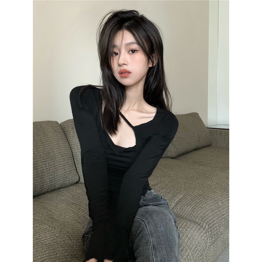 DUNEA Áo Kiểu Tay Dài Mỏng Thiết Kế Lệch Tà Thời Trang Quyến Rũ Cho Nữ