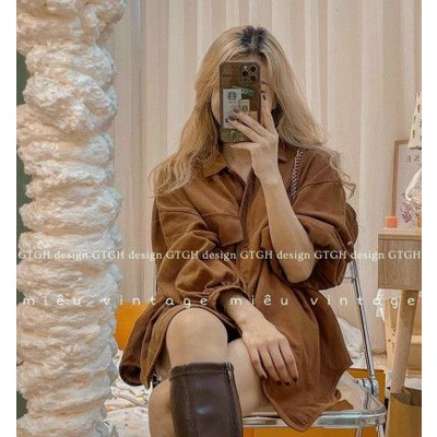 Áo sơ mi nhung tăm vạt bầu nắp túi 1 bên trẻ trung nhiều màu sắc