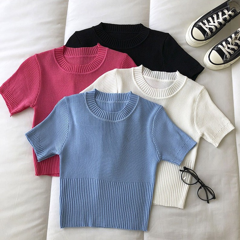 Áo thun nữ ngắn tay cổ tròn kiểu Hàn Quốc mới
