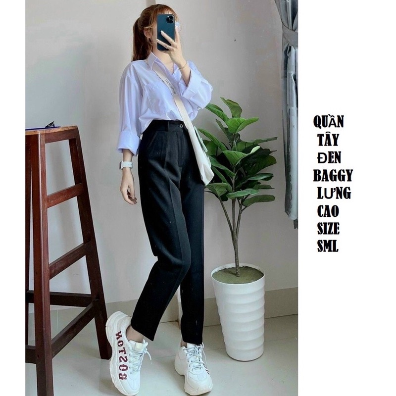 Quần baggy nữ, quần tây nữ lưng cao vải tuyết mưa màu đen