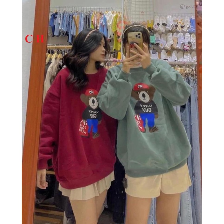 Áo Nỉ Gấu Lucky PEONYB Nữ [FREESHIP]  Sweater form rộng tay bồng, hoodie cổ tròn in hình vintage đẹp cá tính Ulzzang