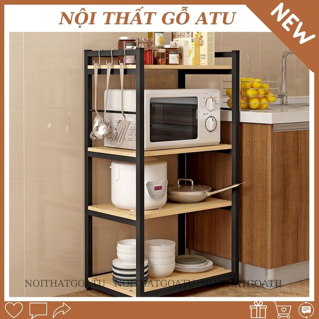 Kệ để lò vi sóng 4 tầng bằng gỗ khung sắt chắc chắn, thông minh