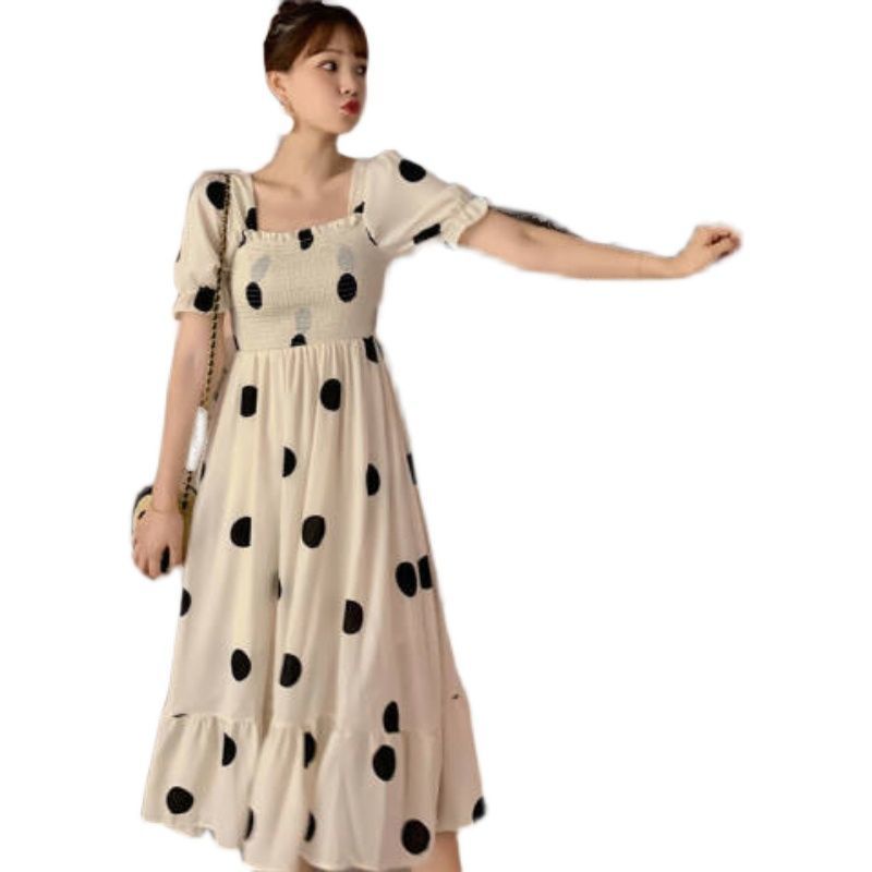 Đầm Tay Ngắn Họa Tiết Chấm Bi Dễ Thương 164182 Đầm Chiffon Dài Qua Gối Cổ Vuông Lưng Cao Thời Trang Cho Nữ