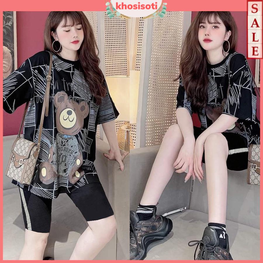 Bigsize nữ S027 Bộ quần áo nữ mùa hè quần bó đen lửng mặc nhà dễ thương áo form rộng thun cotton M L XL XXL