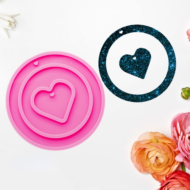 Khuôn Silicone Làm Móc Khóa Hình Tròn / Trái Tim Lấp Lánh DIY