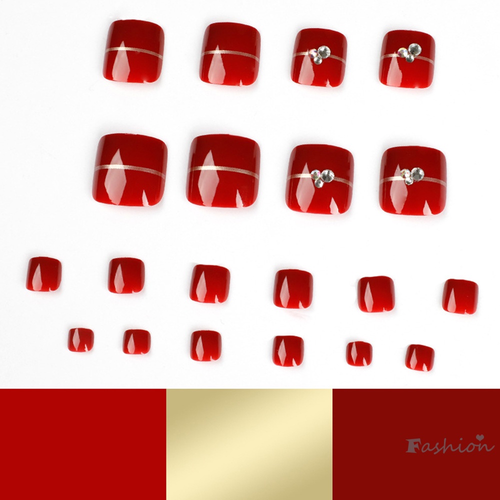 Bộ 24 Móng Chân Giả Màu Rượu Vang Đỏ Đính Kim Cương Giả Dễ Xé Thời Trang Pháp Cho Nữ