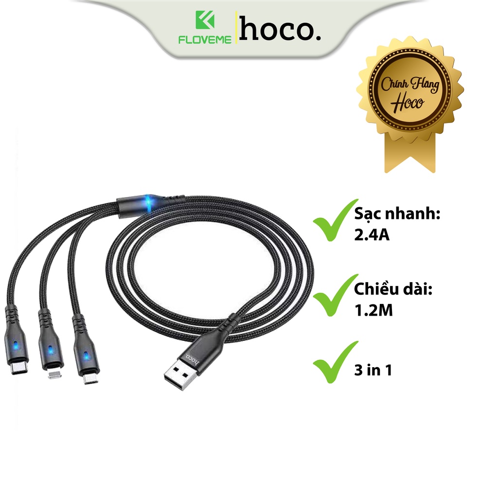 Cáp Sạc Hoco DU08 Plus 3 in 1, Sạc Nhanh 2.4A, Có Đèn LED, Dây Dù Chống Dối, Đứt Gãy, Hỗ Trợ Truyền Dữ Liệu, Dài 1.2m