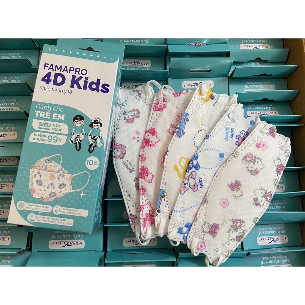 Khẩu trang Y tế 4D trẻ em Nhiều Chủ Đề Họa tiết dễ thương cho bé từ 4 đến 10 tuổi - 3 lớp kháng khuẩn Famapro 4D Kids